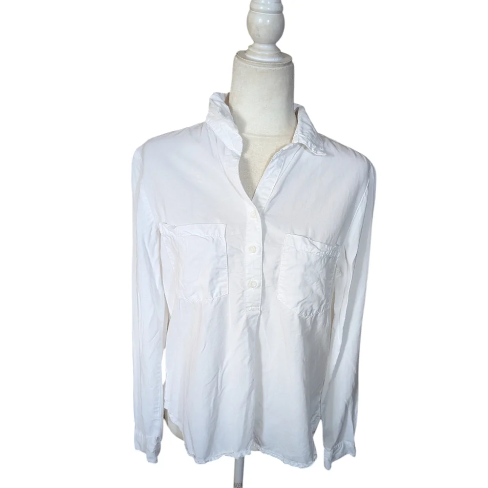 Side Stitch White button Placket Shirt Tencel Chest Pockets Tab Sleeves Sz S - Picture 6 of 10